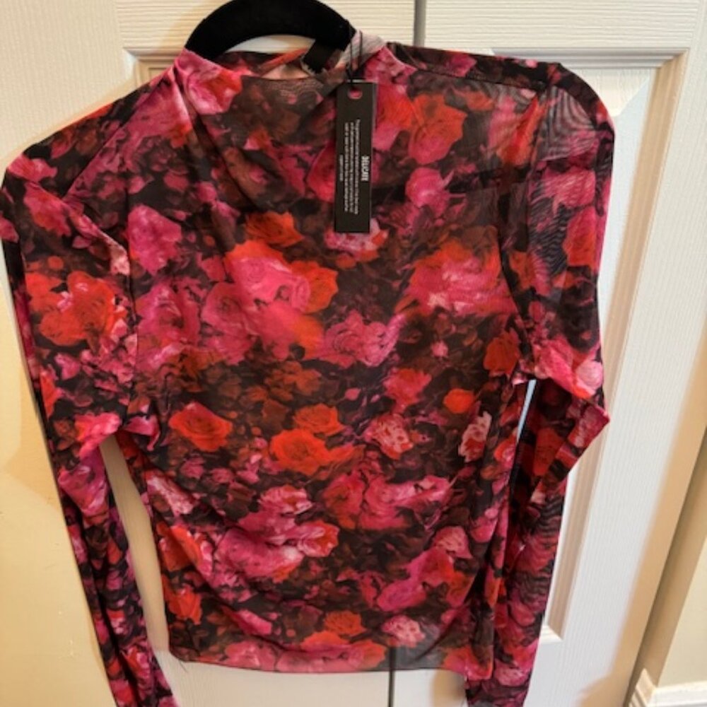 Steve Madden Sheer Mesh Mock Neck Long Sleeve Top